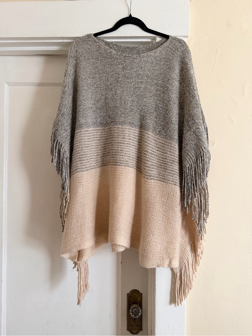 Fringed Two-Tone Gray and Cream Knit Poncho Sweater